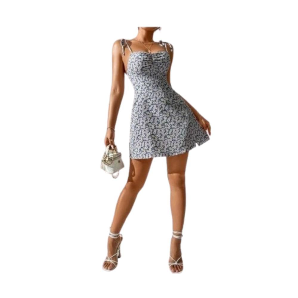 Vestido Tirante Floral Fruncido Cordón Bajo Abertura Juvenil image number 1.0