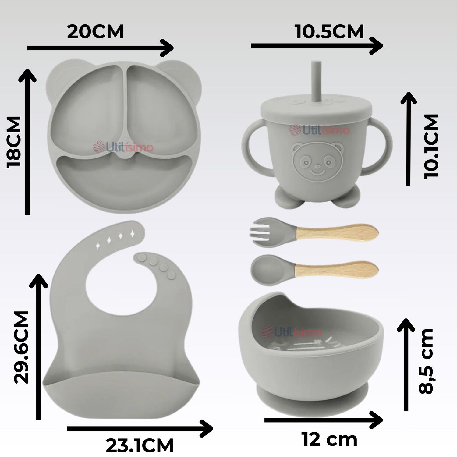 Set De Alimentaci&oacute;n Beb&eacute; Silicona De Oso 6 Piezas Libre Bpa Color Gris image number 1.0