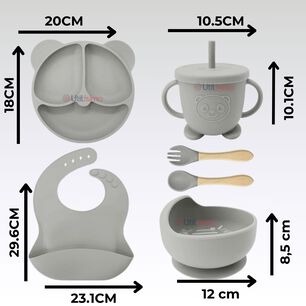 Set De Alimentaci&oacute;n Beb&eacute; Silicona De Oso 6 Piezas Libre Bpa Color Gris