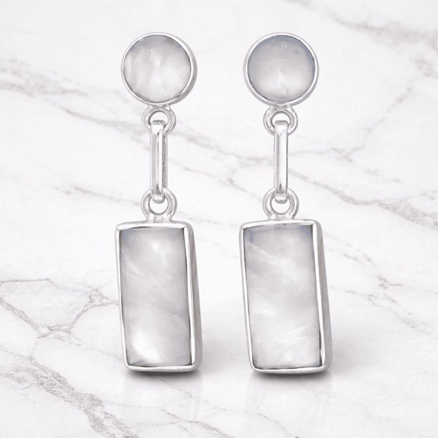 Aros N&aacute;car Rectangular Plata 950 Atornillados Colgantes Mujer Elegantes Piedra Blanca image number 1.0