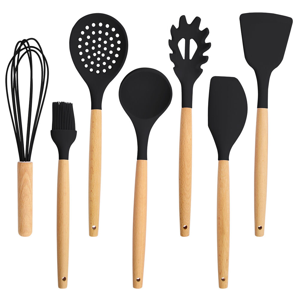 Set De Utensilios De Cocina Silicona Madera Negro image number 4.0