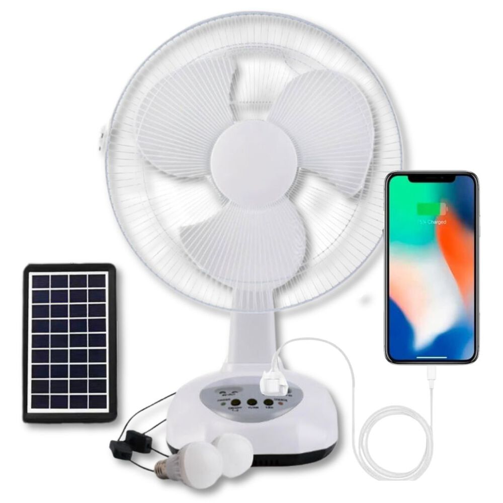 Ventilador Recargable Con Panel Solar Puerto Usb Luz Led 2 Ampollas Gratis image number 0.0