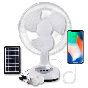 Ventilador Recargable Con Panel Solar Puerto Usb Luz Led 2 Ampollas Gratis