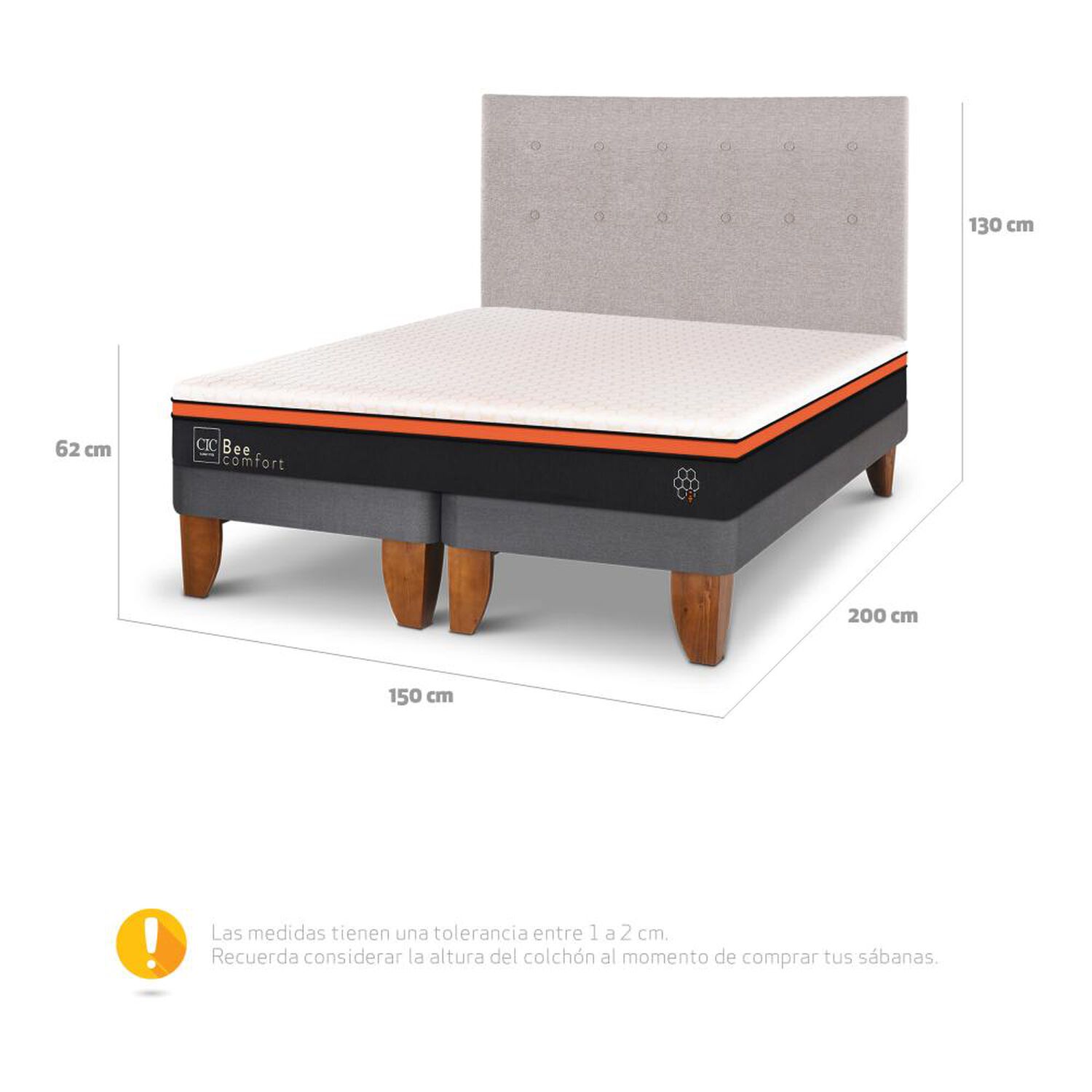 Cama Europea Cic Bee Comfort / 2 Plazas / Base Dividida + Respaldo image number 2.0