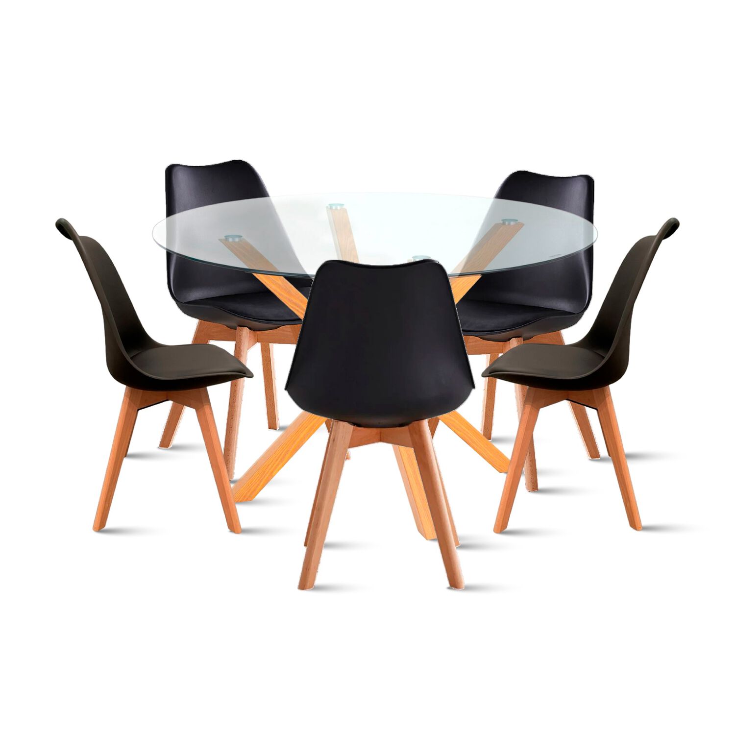 Comedor Redondo De Vidrio Cross 120cm + 5 Silla Tulip Acolchada - Negra image number 0.0