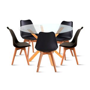 Comedor Redondo De Vidrio Cross 120cm + 5 Silla Tulip Acolchada - Negra