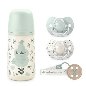 Pack Chupetes + Mamadera 270ml + Broche Birdies Verde 0-6m