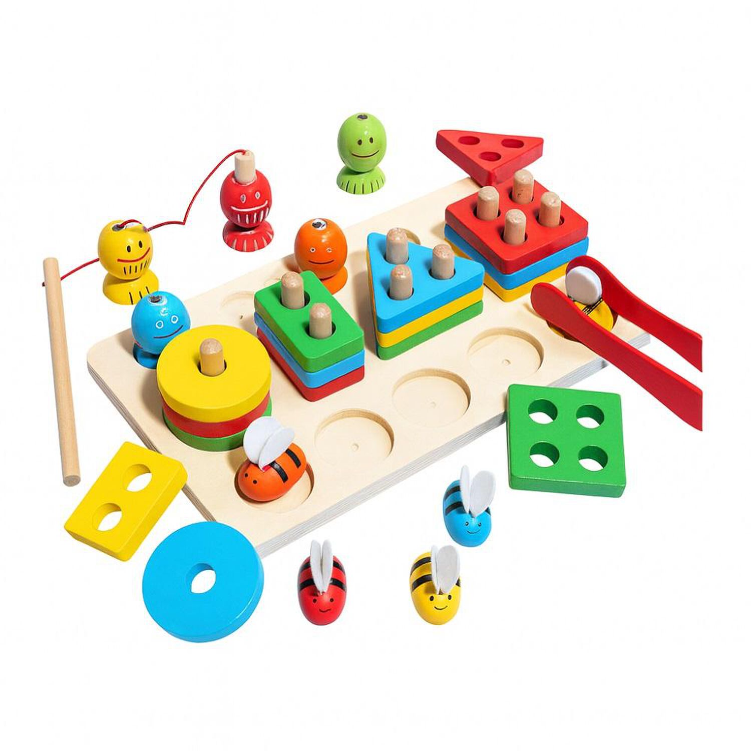 Juego De Madera 3x1 Motricidad Fina Encaje Pesca Y Abejas Montessori image number 0.0