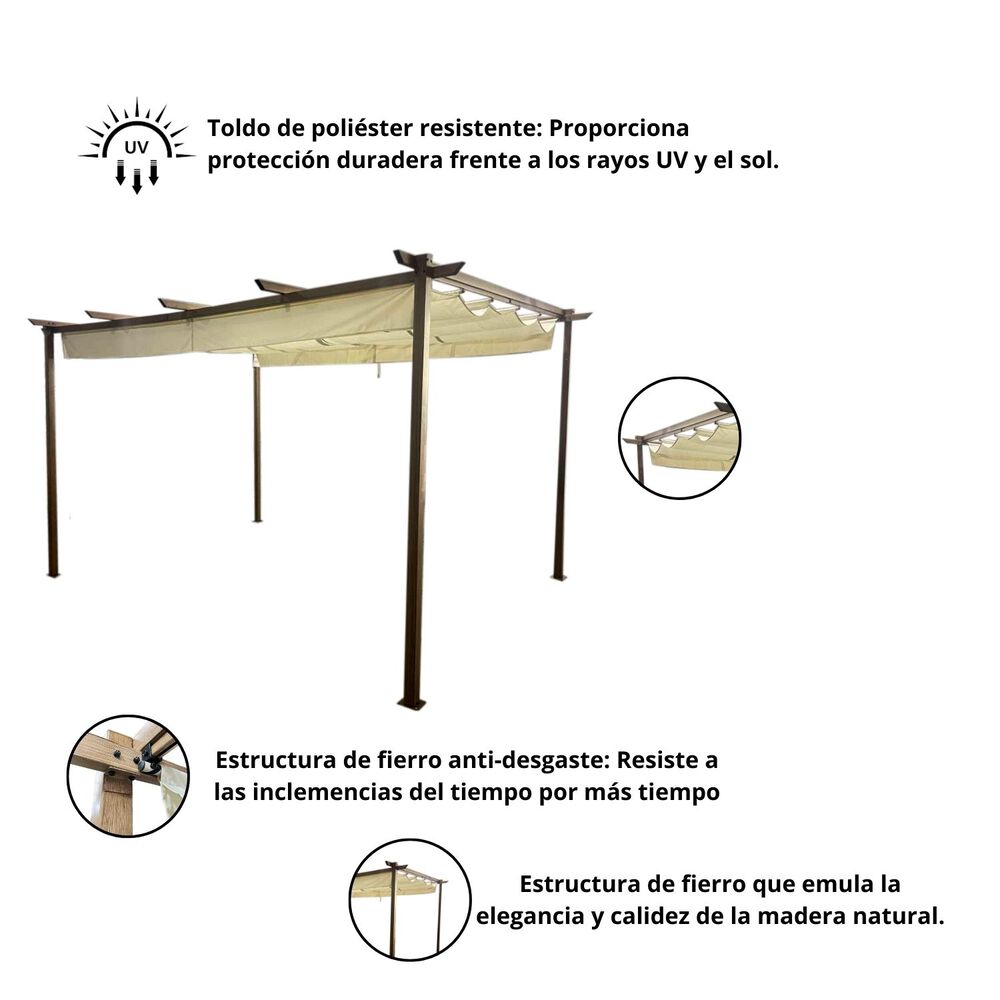 P&eacute;rgola R&uacute;stica Con Tela Retr&aacute;ctil 3x4 Mt Marfil image number 1.0
