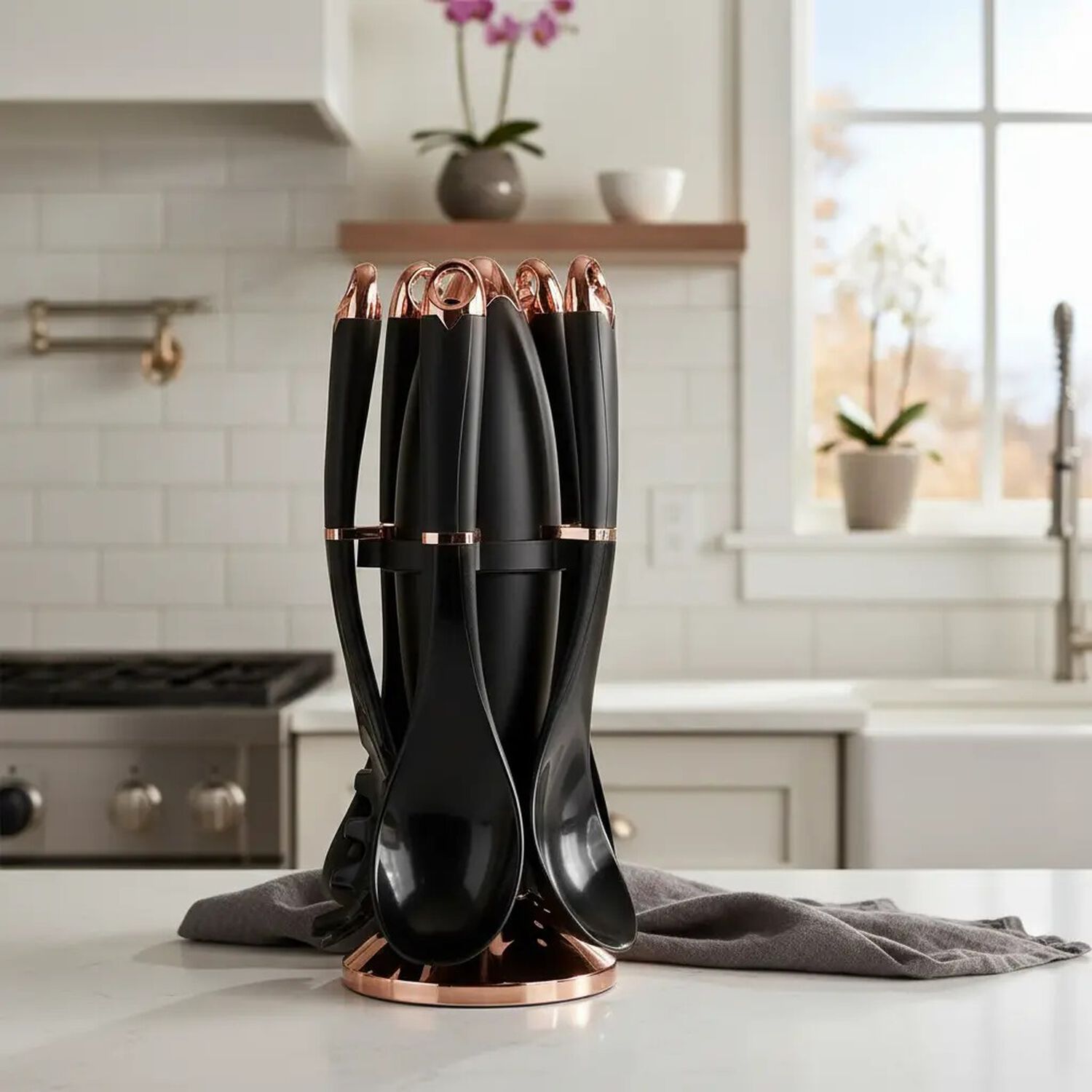 Set Utensilios De Cocina 6 Piezas Con Soporte Giratorio Negro Rose Gold image number 0.0