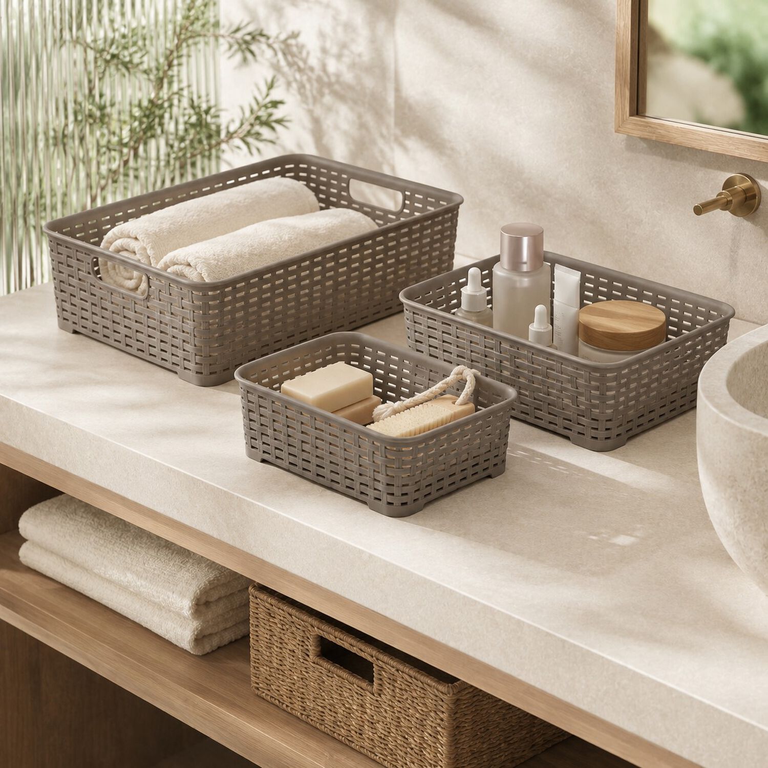 Set De 3 Canastillas Canastas Organizadores Multiusos Tavarua Reyplast Color Taupe image number 4.0