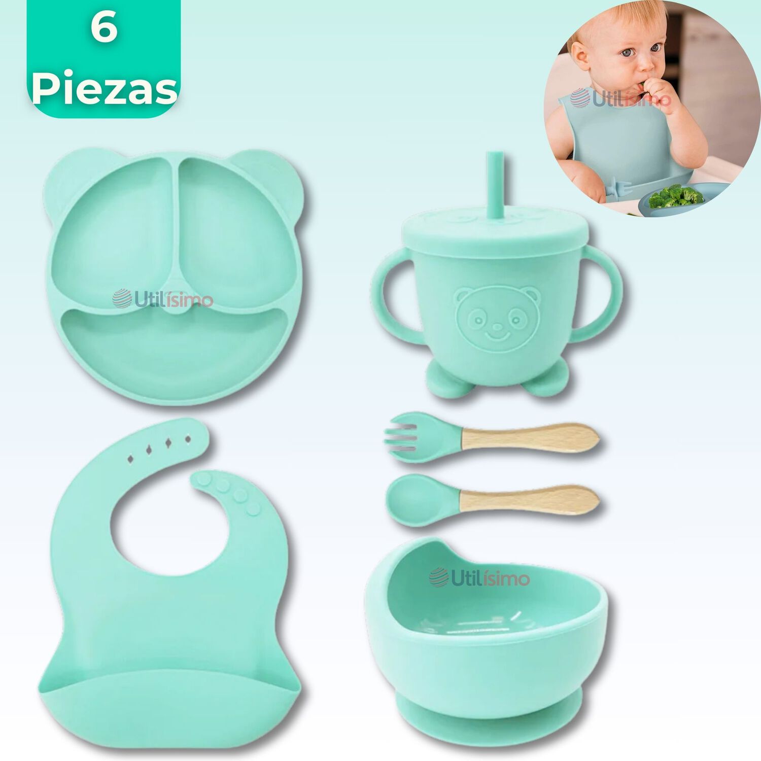 Set De Alimentaci&oacute;n Beb&eacute; Silicona De Oso 6 Piezas Libre Bpa Color Turquesa image number 0.0