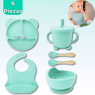Set De Alimentaci&oacute;n Beb&eacute; Silicona De Oso 6 Piezas Libre Bpa Color Turquesa