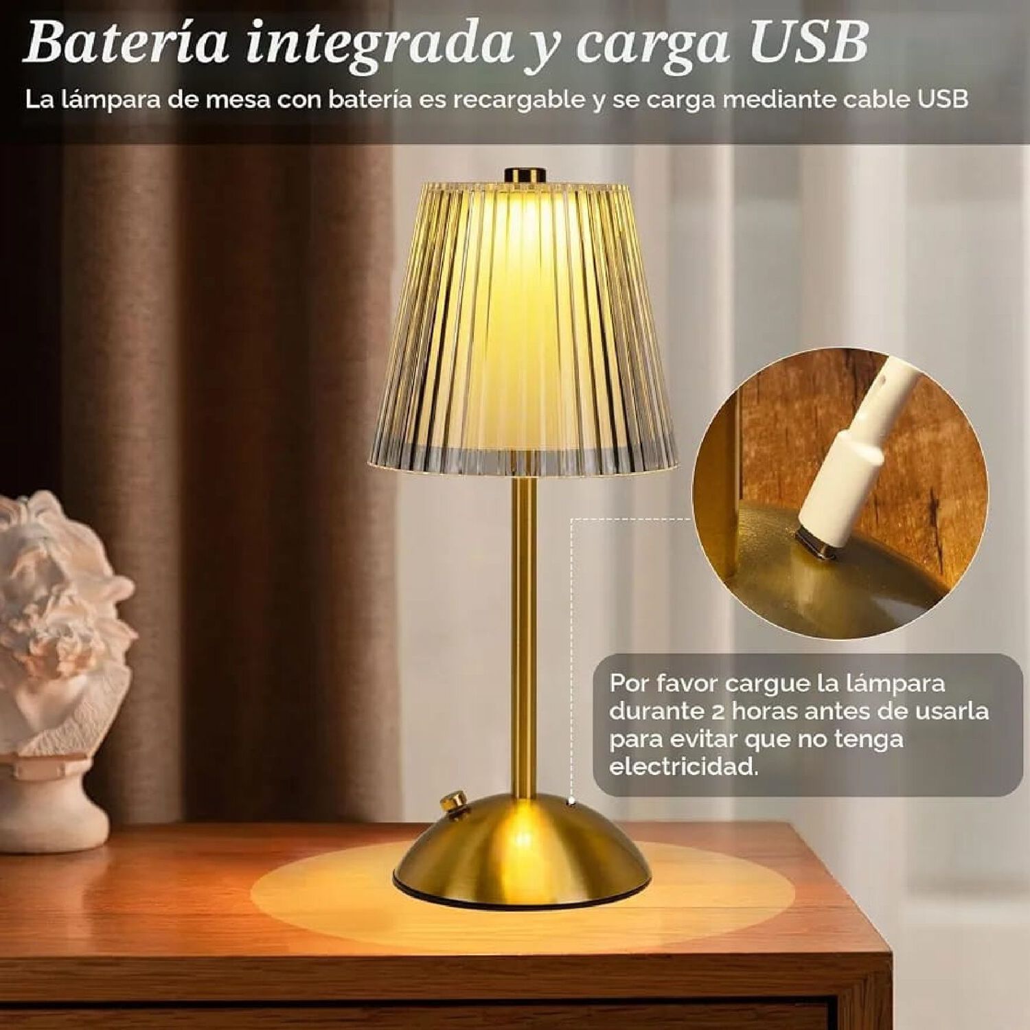 L&aacute;mpara De Mesa Led Inal&aacute;mbrica Recargable Usb De Metal Bronce. image number 2.0