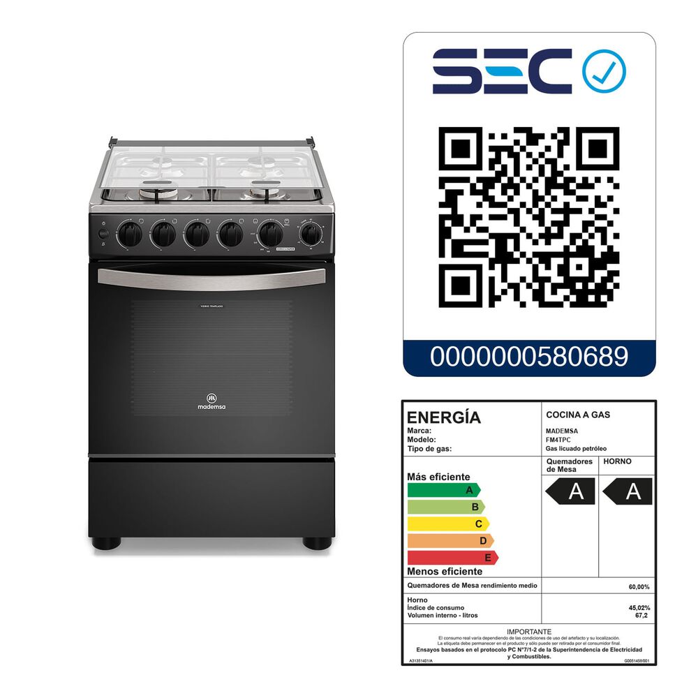 Cocina A Gas 4 Platos Horno Vapor Y Temporizador Fm4tpc Negra image number 1.0
