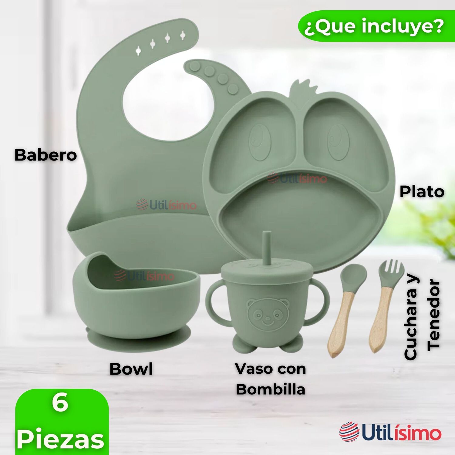 Set De Alimentaci&oacute;n Beb&eacute; Silicona De Formas 6 Piezas Libre Bpa Color Verde image number 6.0
