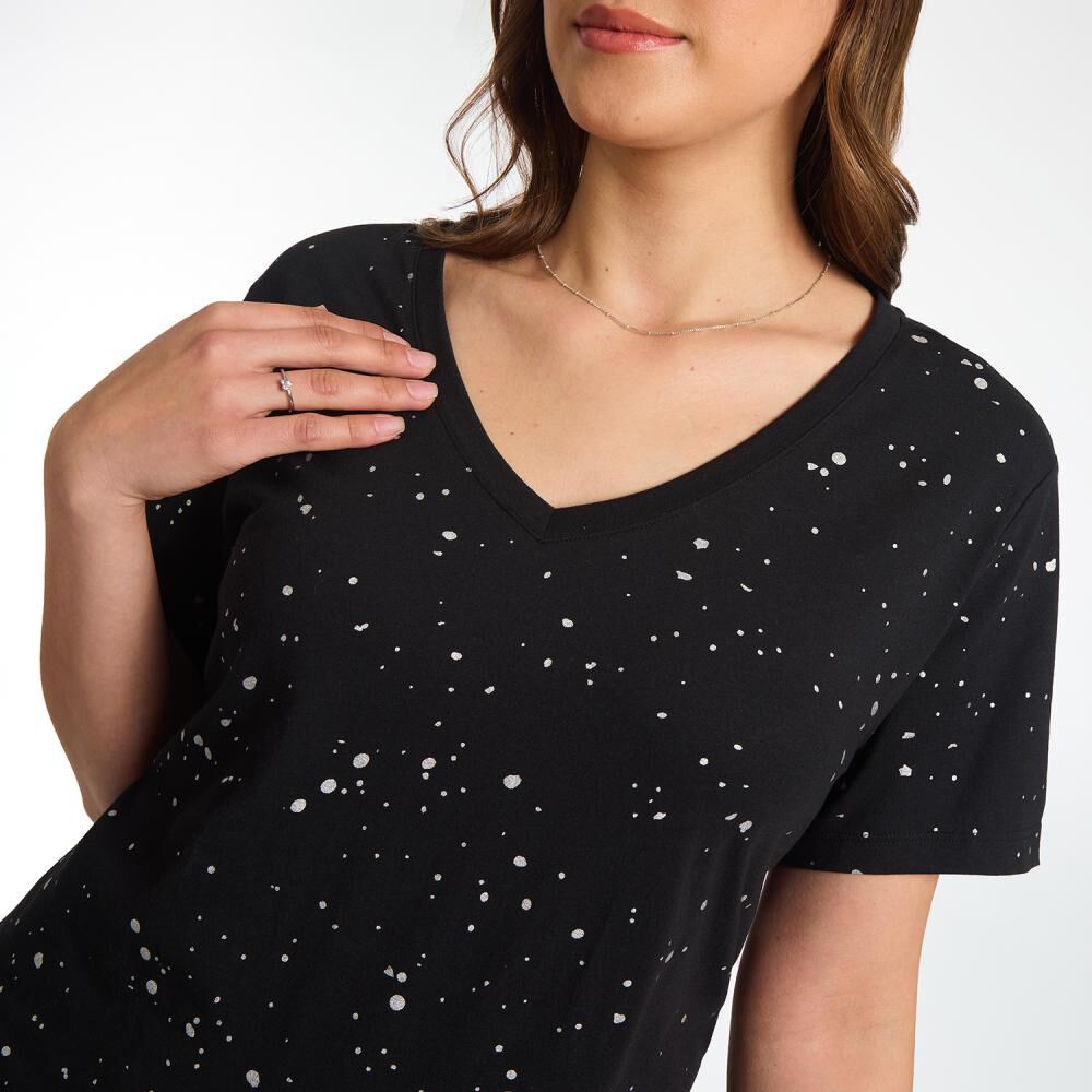 Polera Regular Aplicaci&oacute;n Folia Manga Corta Cuello V Mujer Sexy Large image number 4.0