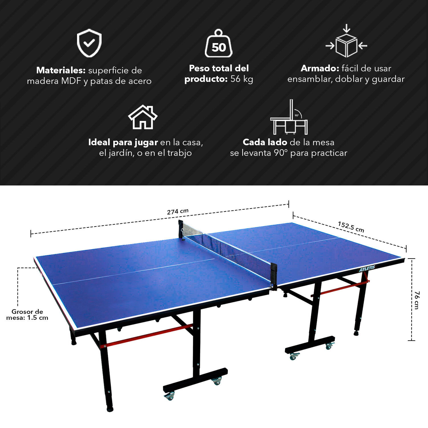 Mesa De Ping Pong Plegable Profesional Azul image number 2.0