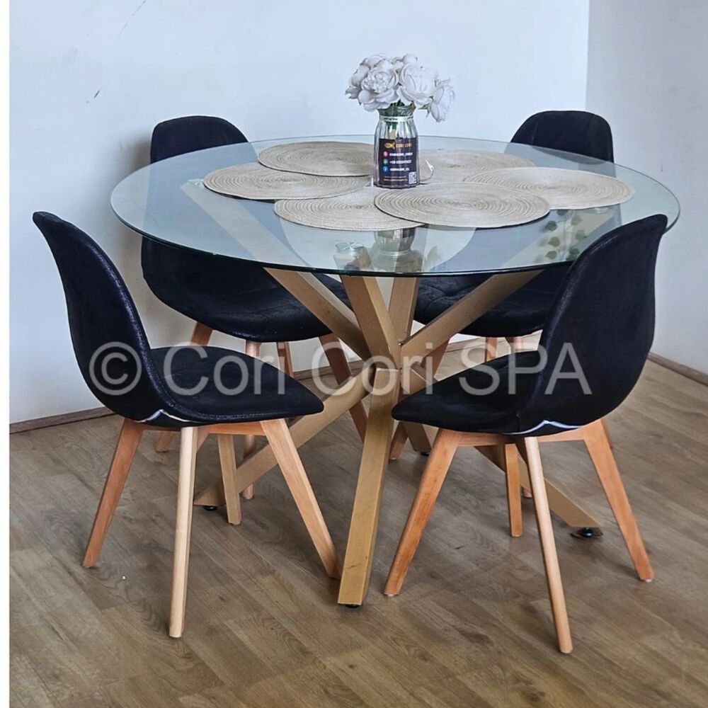 Comedor Warwick 100cm + 4 Sillas Capitonne Ecocuero Vintage Negro image number 1.0