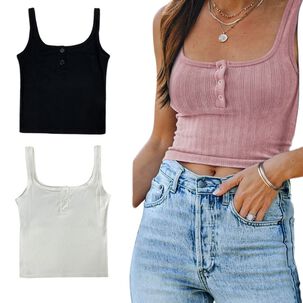 Pack 3 Poleras Mujer Sin Mangas Con Botones Algodón Colores Surtidos