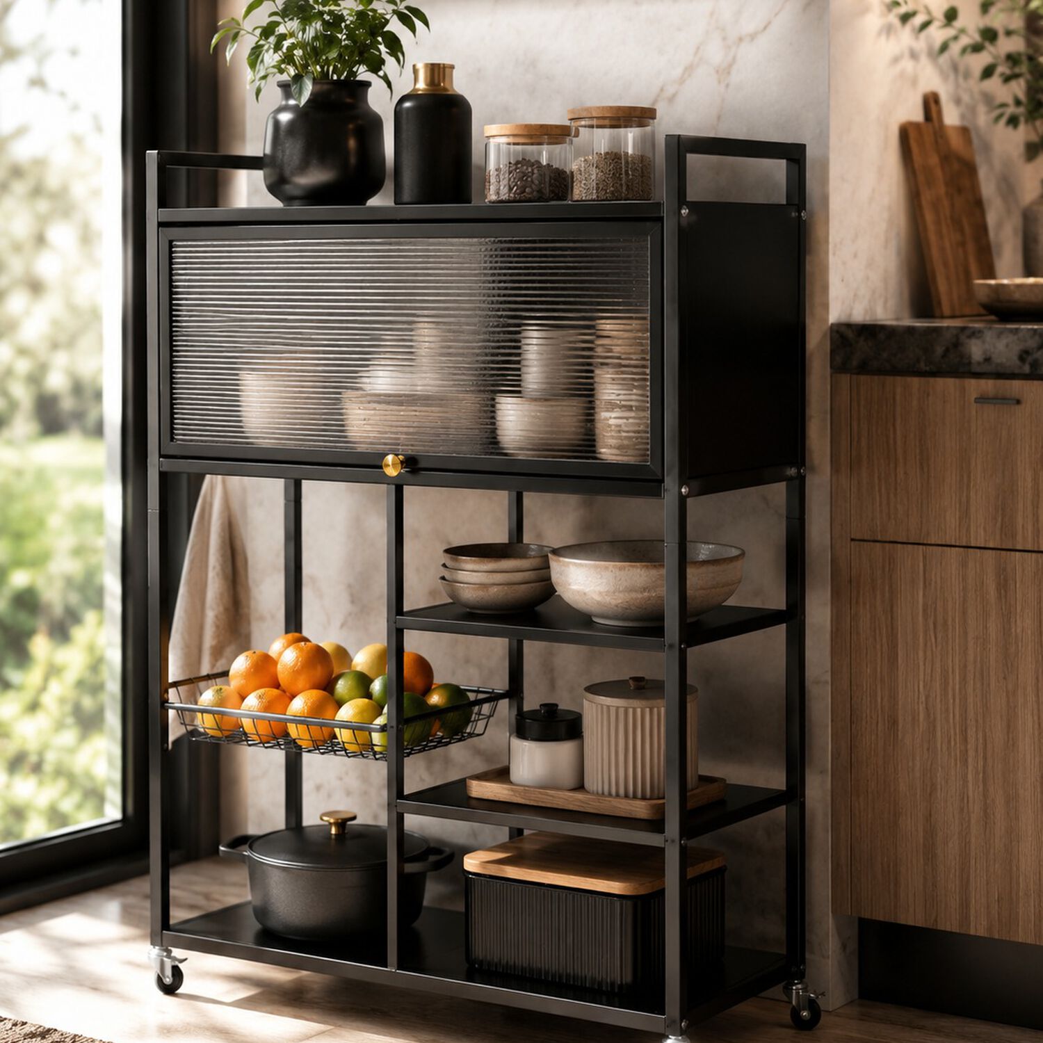 Estante Organizador Multiuso De Cocina Con Gabinete Y Ruedas Color Negro image number 0.0