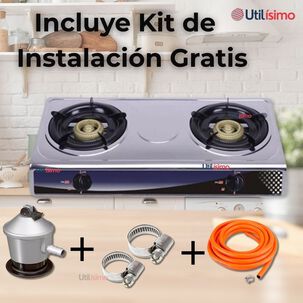 Cocina Encimera A Gas Licuado Port&aacute;til Acero Inox2platos + Kit De Instalaci&oacute;n