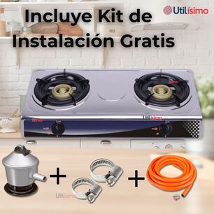 Cocina Encimera A Gas Licuado Port&aacute;til Acero Inox2platos + Kit De Instalaci&oacute;n