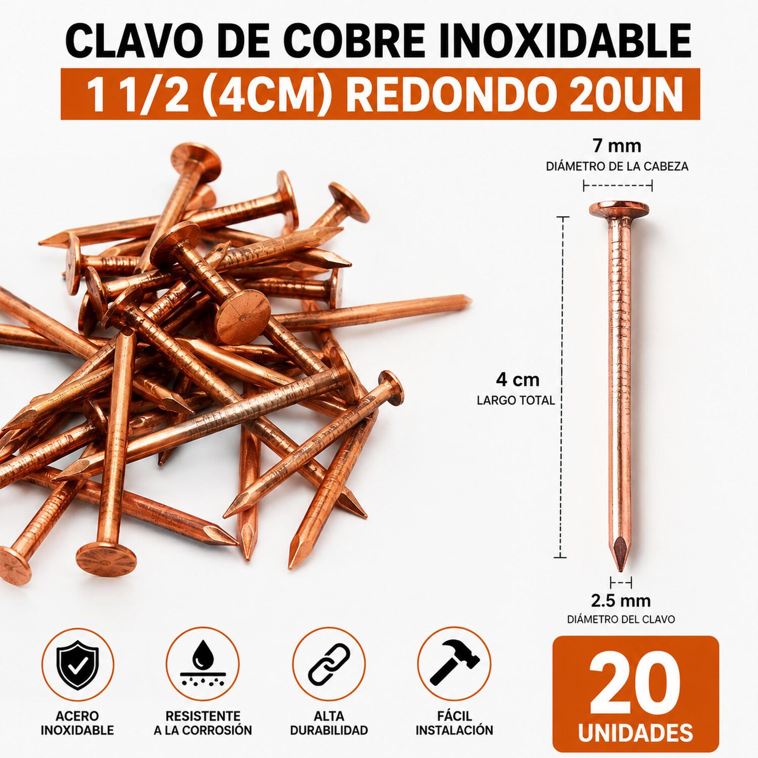 Clavo De Cobre Inoxidable 1 1/2 (4cm) Redondo 20un image number 0.0