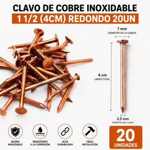Clavo De Cobre Inoxidable 1 1/2 (4cm) Redondo 20un