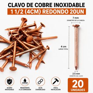 Clavo De Cobre Inoxidable 1 1/2 (4cm) Redondo 20un