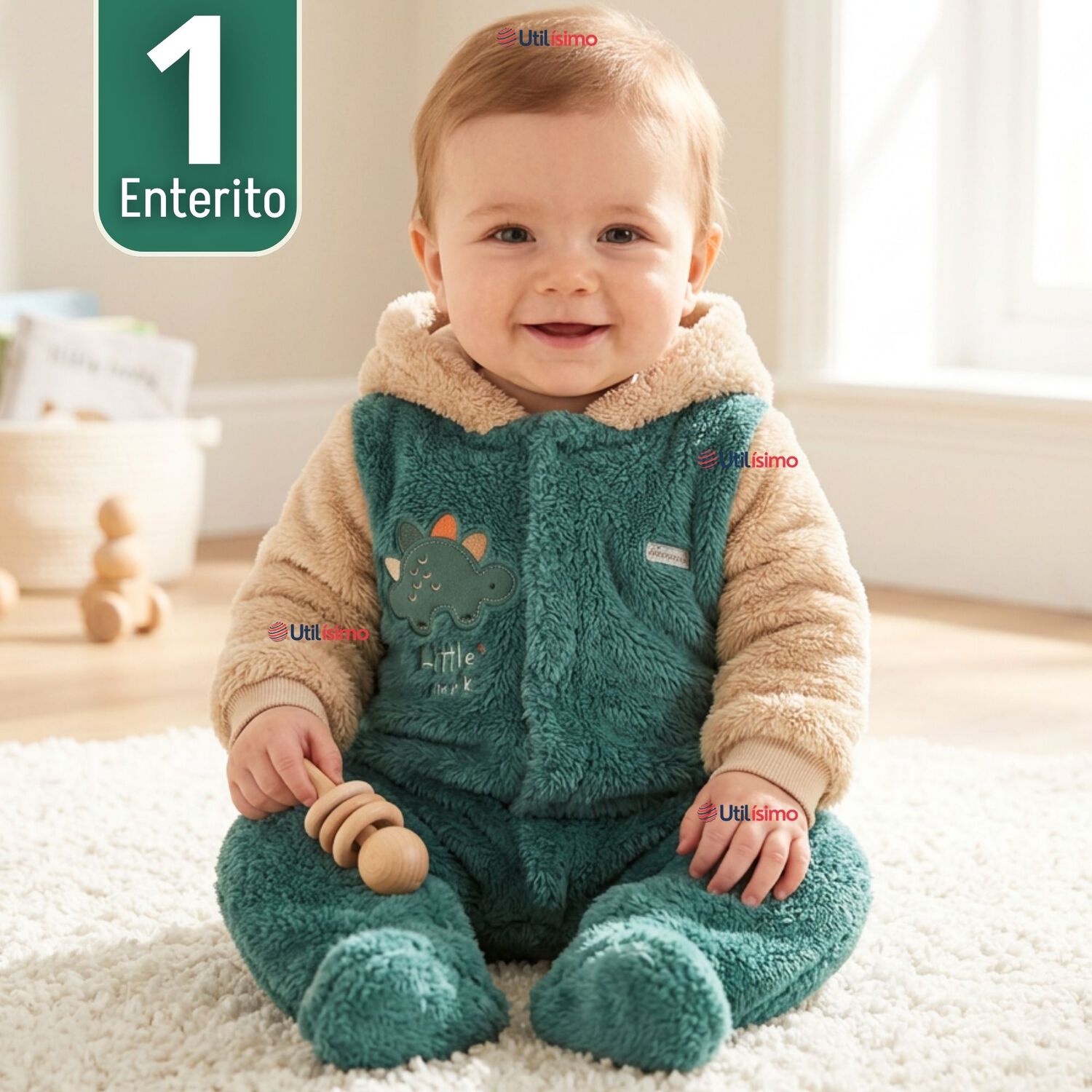 Enterito Con Capucha Tela Plush Verde Dinosaurio Beb&eacute; Ni&ntilde;o image number 0.0