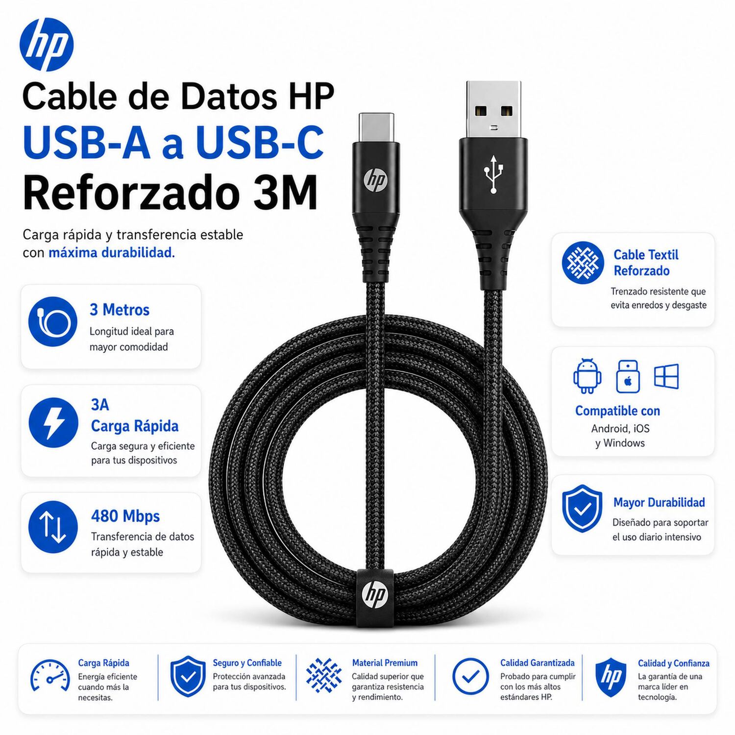 Cable De Datos Hp Usb-c A Usb 3.0 Reforzado 3m / 3a image number 6.0