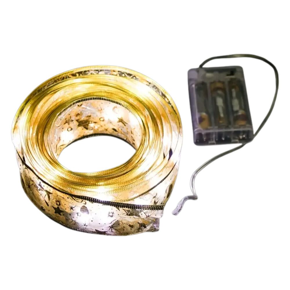 Cinta De Navidad Dorada A Pilas Con Luces Led Calida 5m image number 0.0