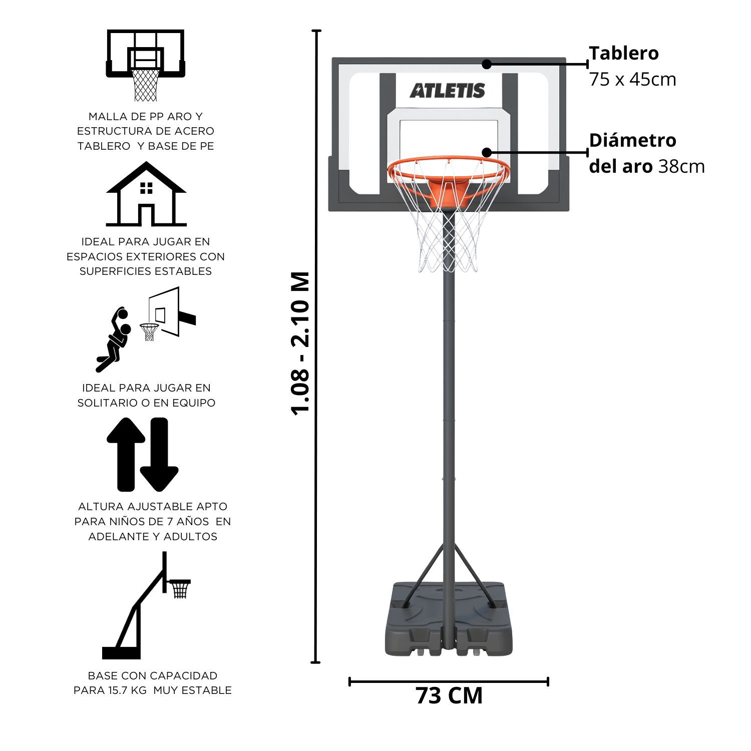 Aro De B&aacute;squetbol Ajustable 1.08 M A 2.10 M Arena image number 4.0