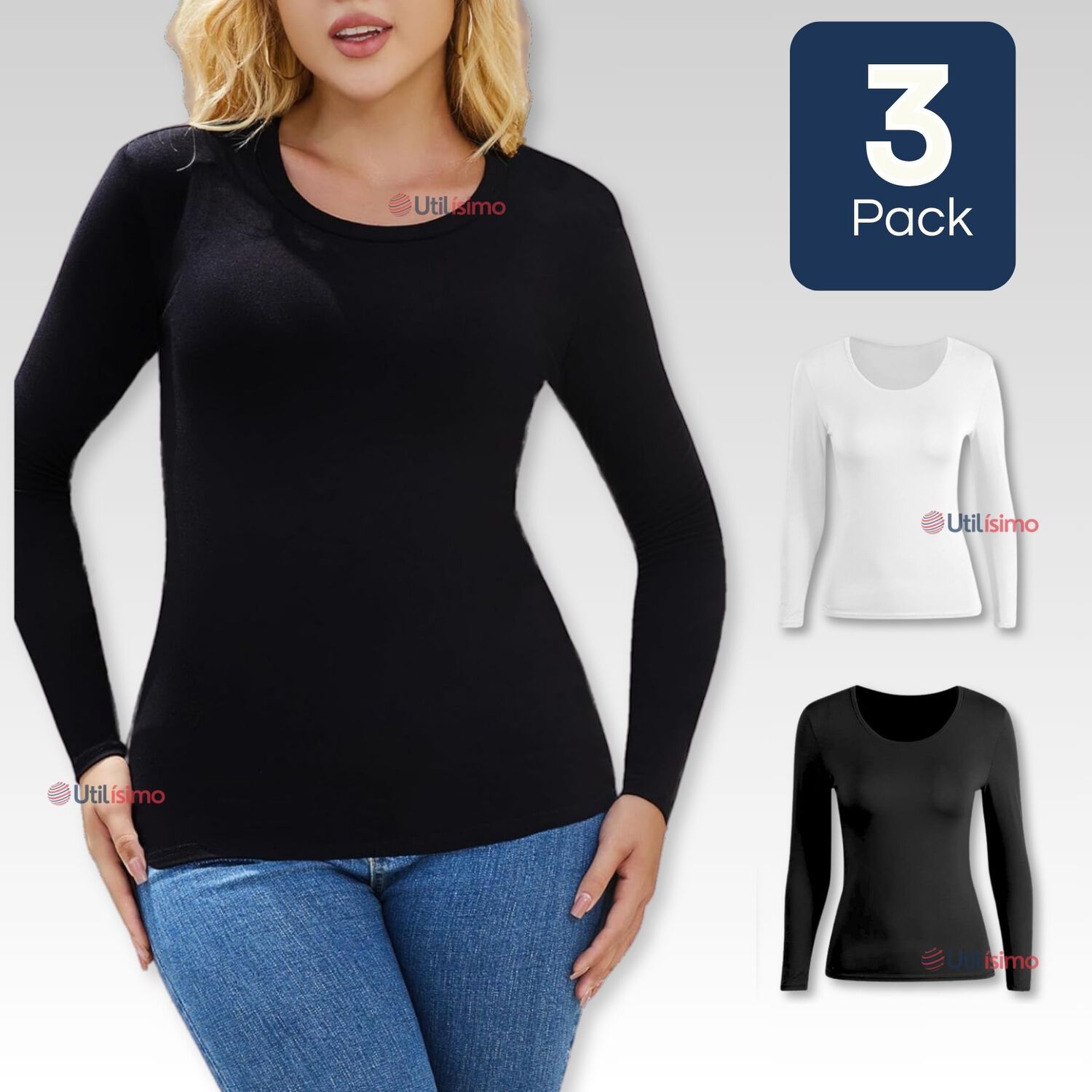 Pack 3 Camisetas Manga Larga Bamb&uacute; Mujer Primera Capa Blanco Negro image number 0.0