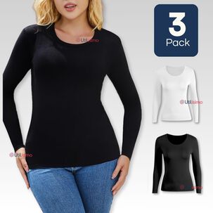 Pack 3 Camisetas Manga Larga Bamb&uacute; Mujer Primera Capa Blanco Negro