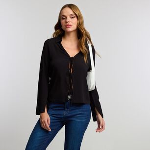 Blusa Con Lazos Manga Larga Cuello Camisero Mujer Kimera