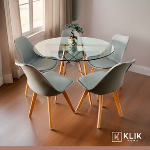 Comedor Mesa Eames Vidrio 100 Cm + 5 Sillas Tulip Grises