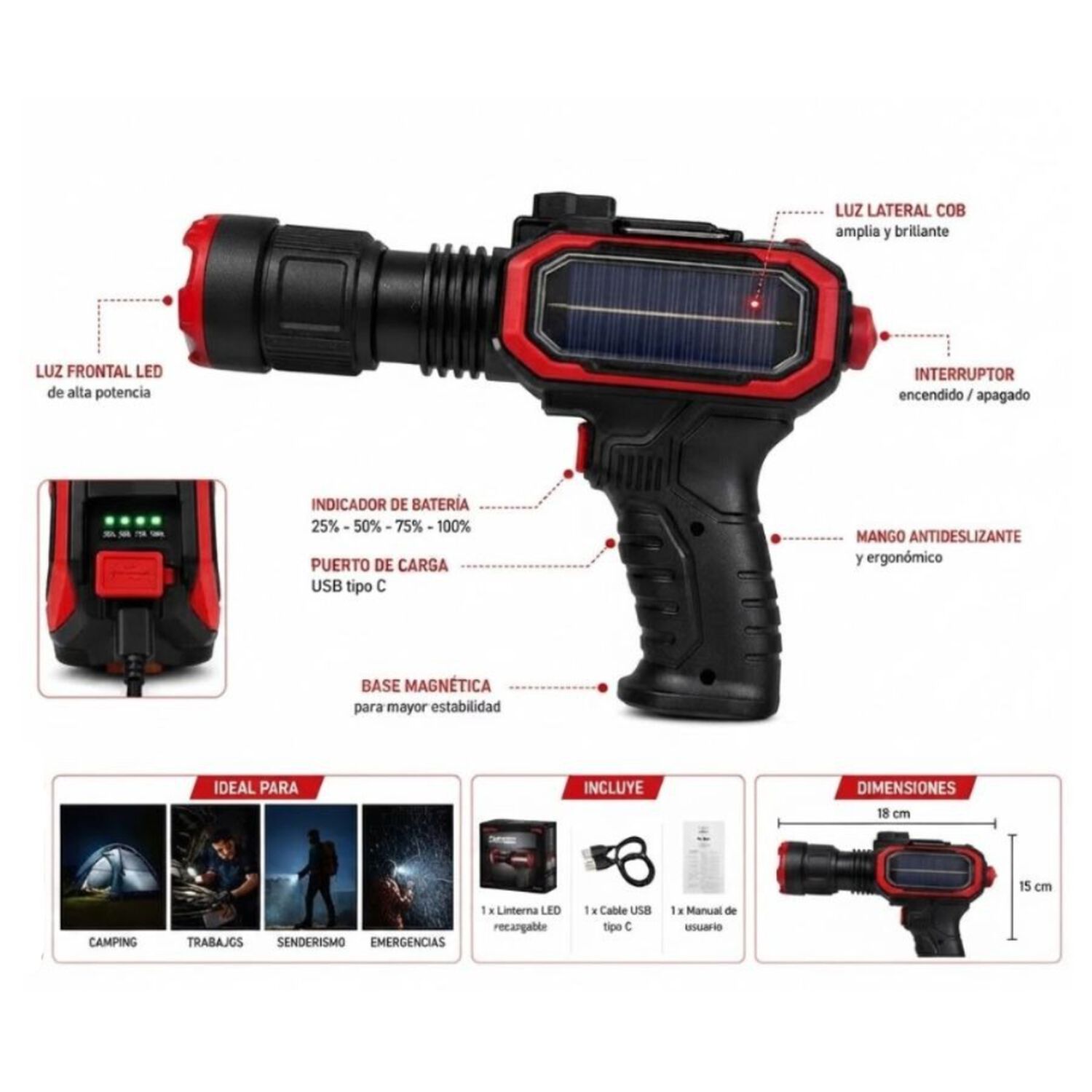 Linterna Solar Recargable Tipo Pistola Led Multiusos Camping Exterior image number 4.0