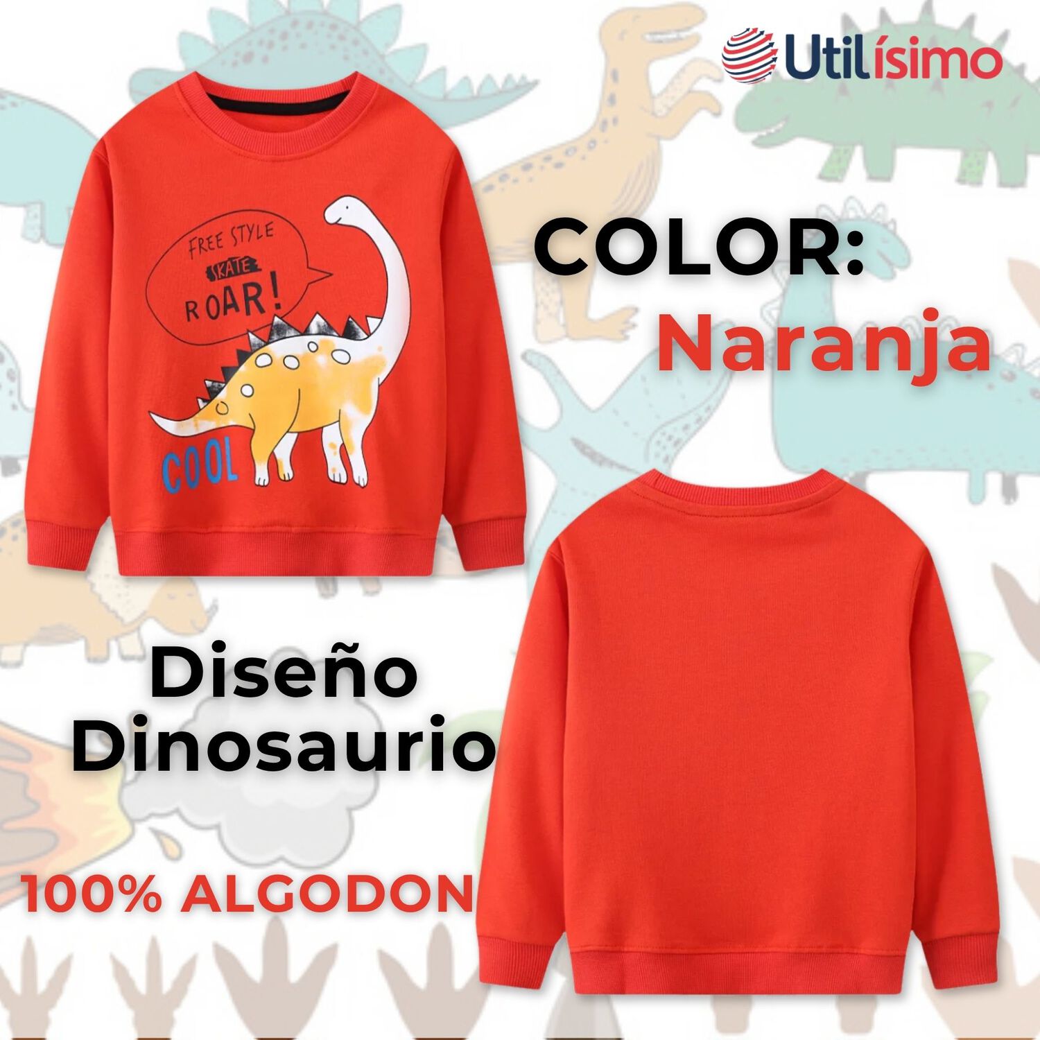 Poler&oacute;n Ni&ntilde;o Manga Larga 100% Algod&oacute;n Naranja Dinosaurios image number 1.0