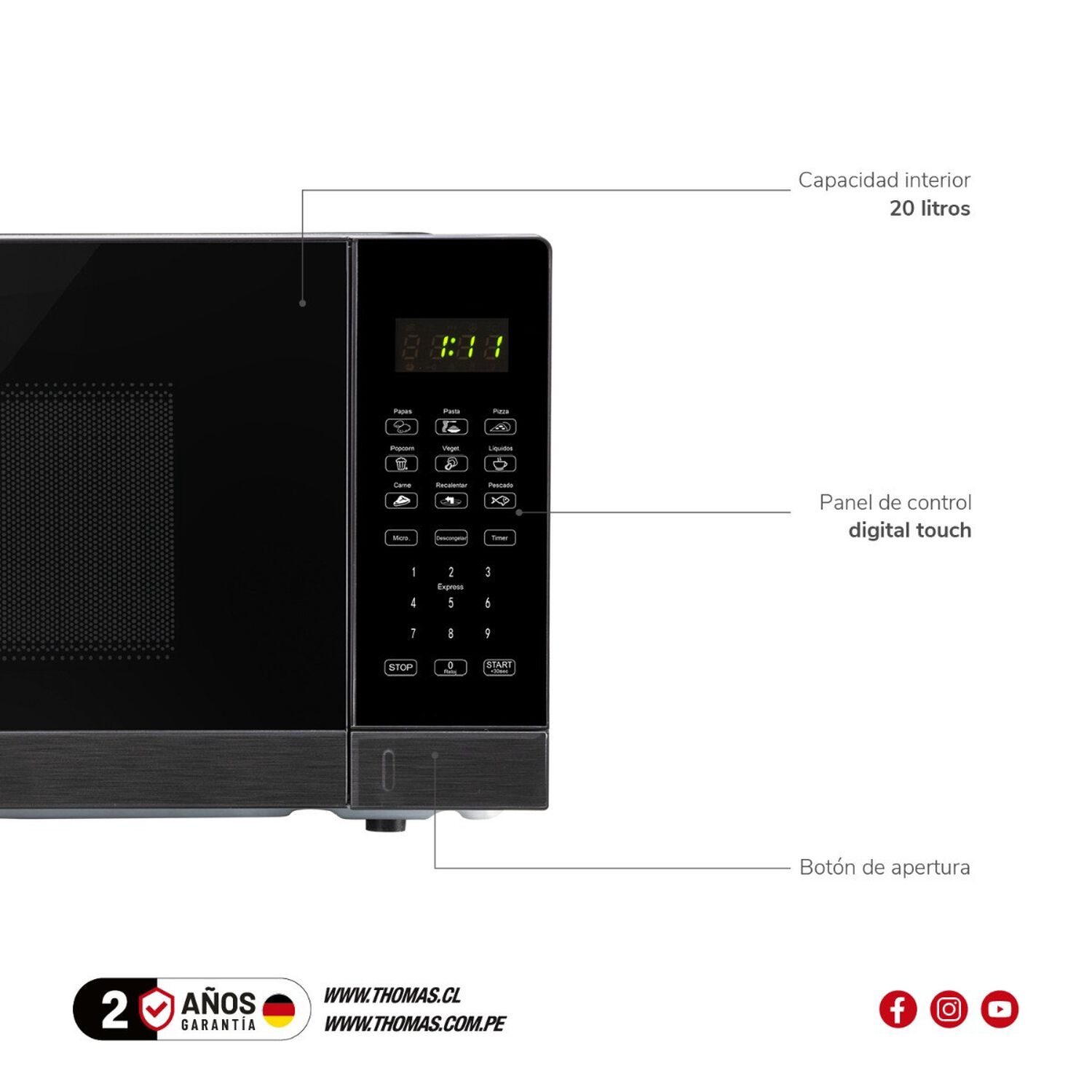 Microondas Digital Thomas Thmw20dn Heattouch 20 Litros 700w Microondas De Mesa Pantalla Touch 10 Niveles De Potencia Programas Autom&aacute;ticos Descongelad image number 5.0