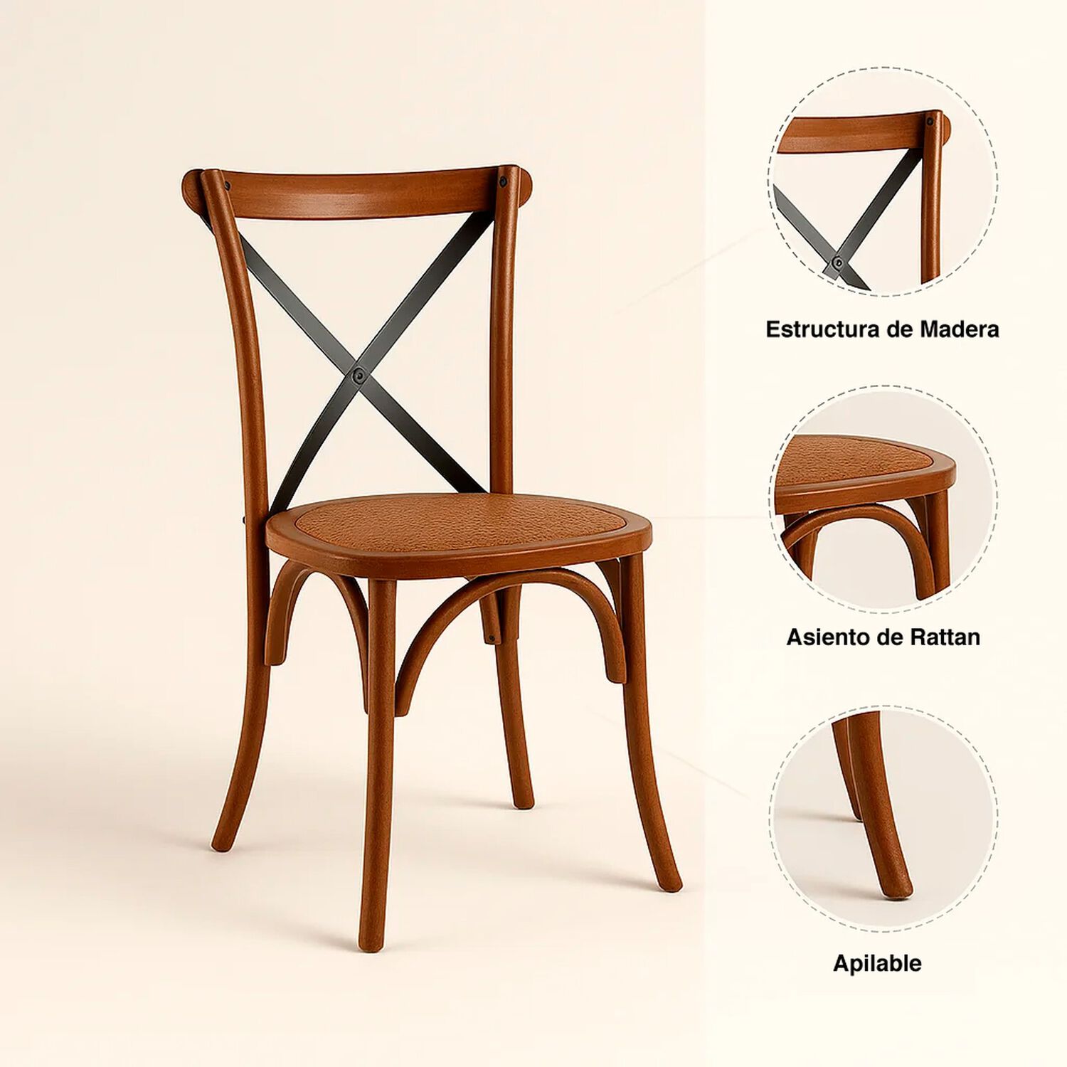 Silla Crossback Madera Rattan - Caf&eacute; Vintage image number 4.0