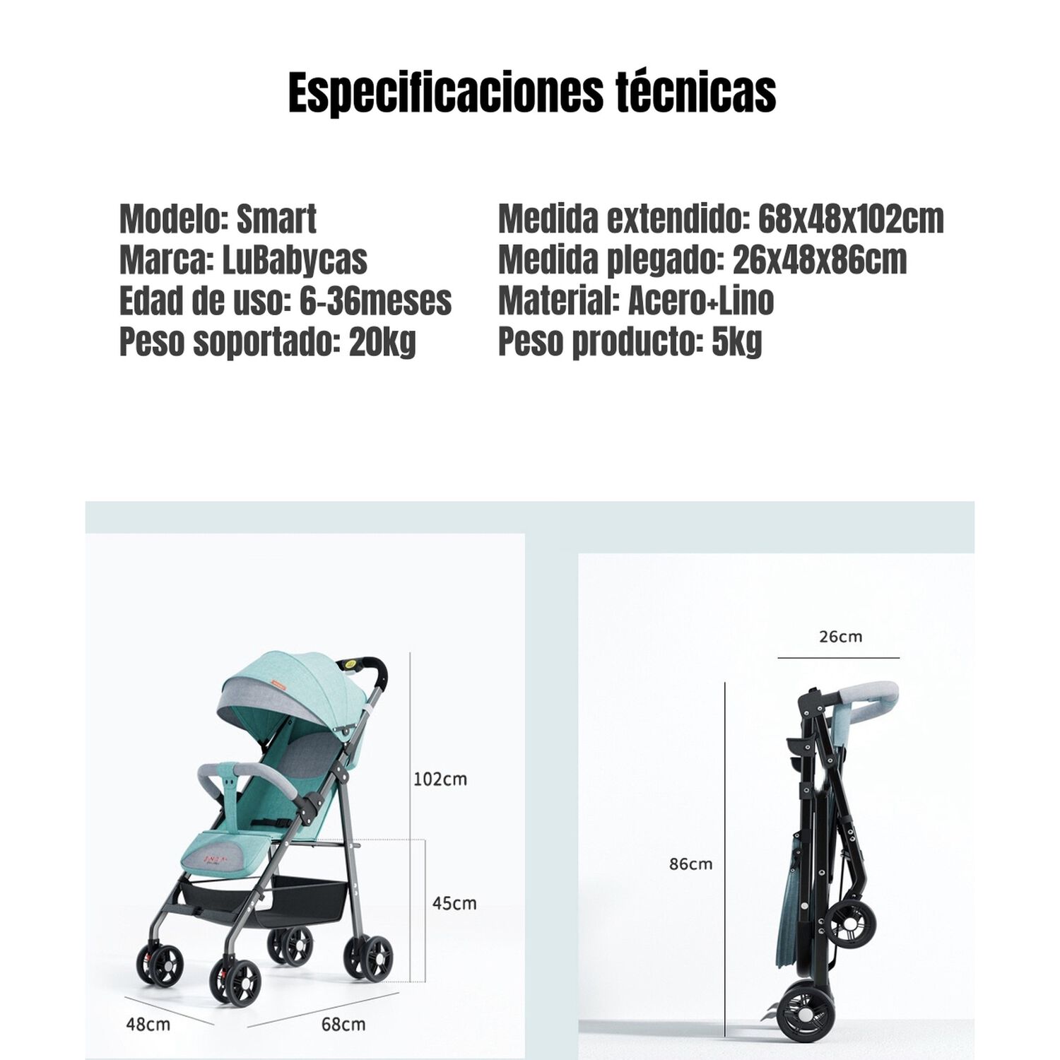 Coche De Paseo Reclinable Liviano Smart Negro Lubabycas image number 7.0