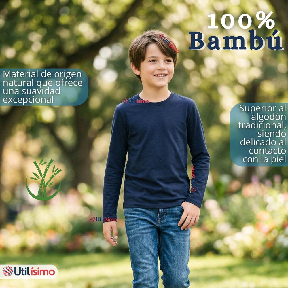 Polera Camiseta Bamb&uacute; Azul Oscuro Cuello Redondo Primera Capa Manga Larga Ni&ntilde;o image number 3.0