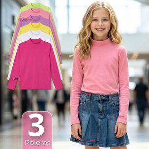 Pack 3 Poleras Camisetas Polar Primera Capa Cuello Beatle Manga Larga Colores Surtido Ni&ntilde;a