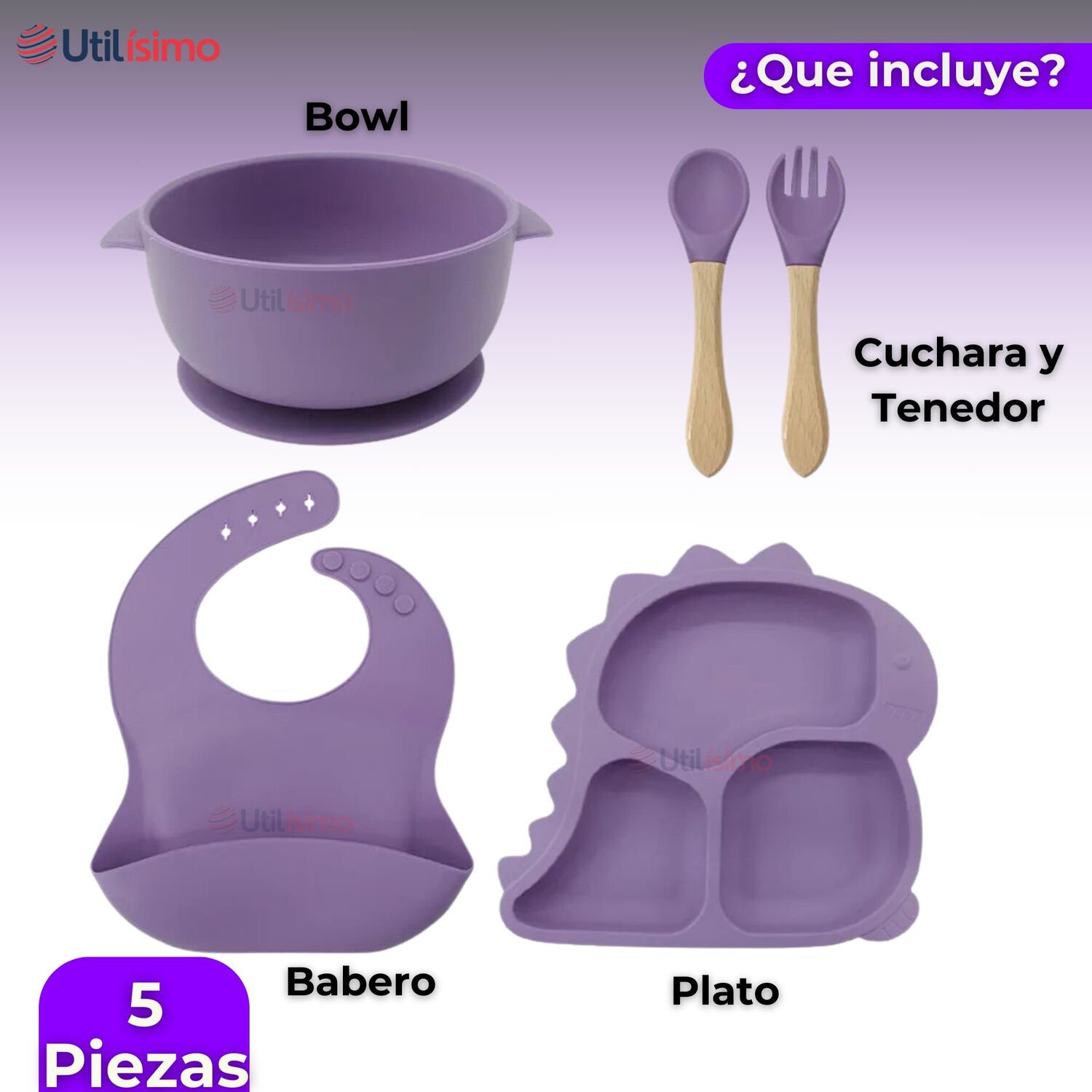 Set Alimentaci&oacute;n Silicona Beb&eacute; 5 Piezas Dinosaurio Libre Bpa Color Lila image number 4.0