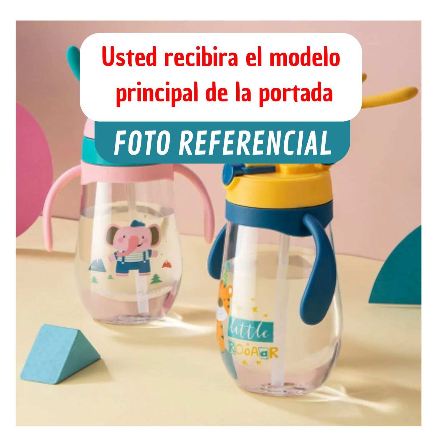 Botella Pl&aacute;stica 480 Ml Con Bombilla Y Orejitas Kawai Sin Bpa Ni&ntilde;os Tiger With Handles image number 4.0