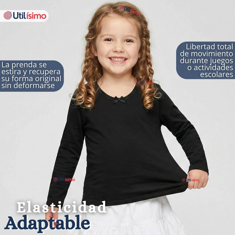Camiseta Polera Algod&oacute;n Cuello Redondo Negra Primera Capa Manga Larga Ni&ntilde;a image number 4.0