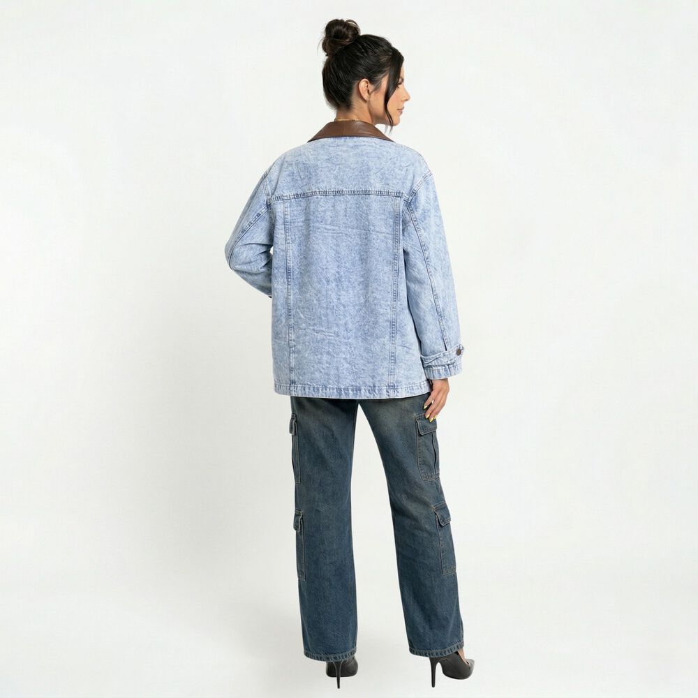 Chaqueta Denim Oversize Con Cuello Ecocuero image number 2.0