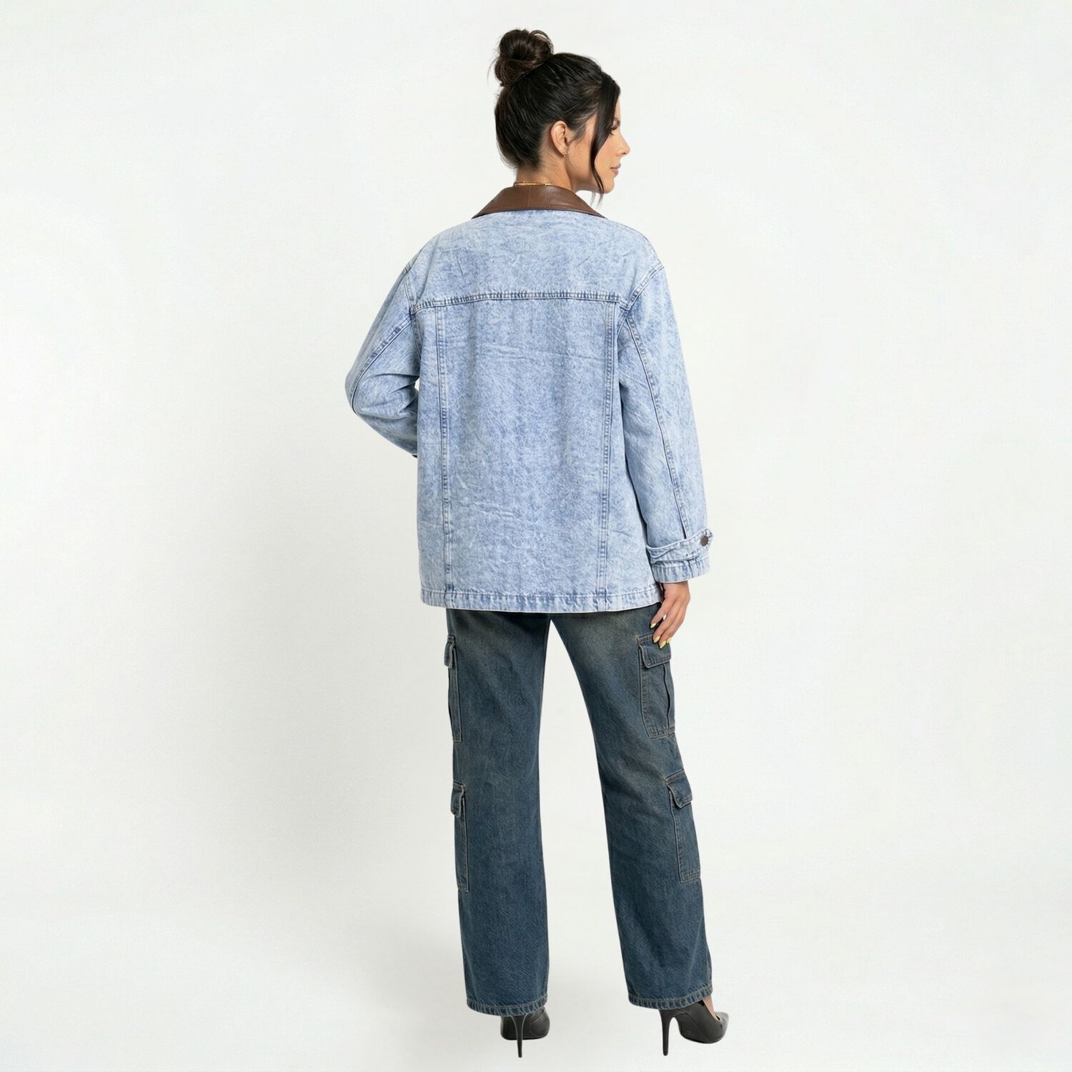 Chaqueta Denim Oversize Con Cuello Ecocuero image number 2.0